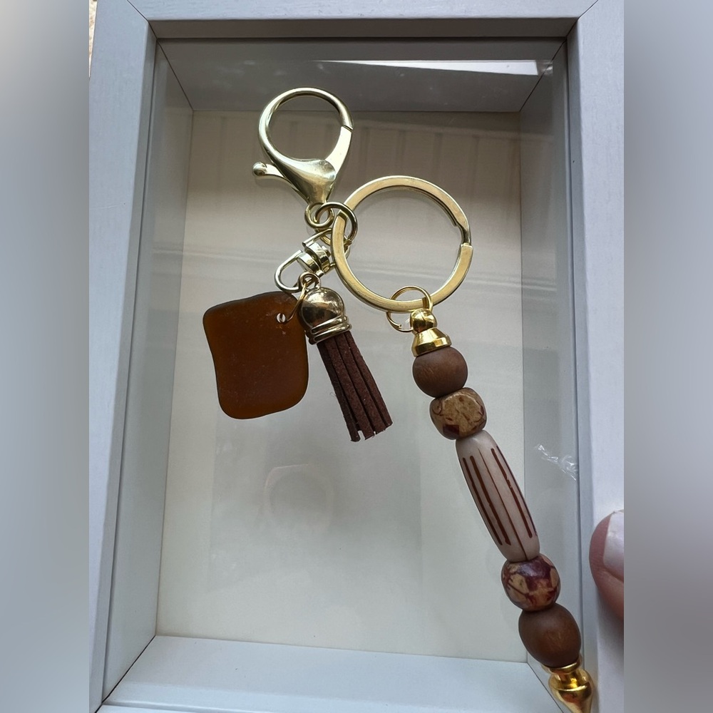 Artisan Sea Glass Keychain – Earth Tones, Real Sea Glass & Suede Tassel